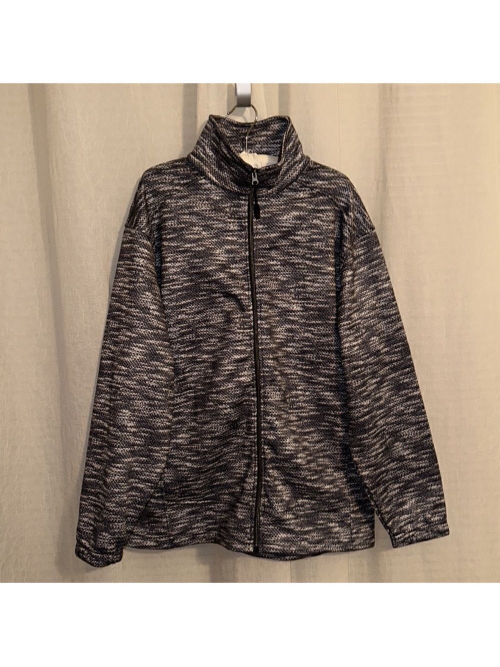 AKWA L White Indigo Pebbled Print Full Zip Fleece Mock Neck Athletic Jacket